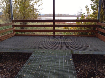 Metal grating at Bybee Lake covered viewpoint